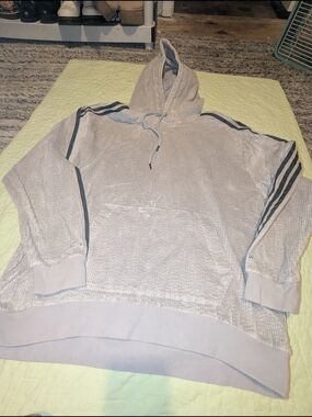 adidas Light Gray Hooded Zip Sweater with Black Sleeve Stripes